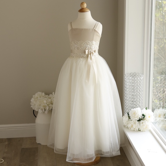 Ivory Champagne Formal Flower Girl Dress Tulle Sequins Pearls Satin Trim LOVELY - Picture 2 of 7